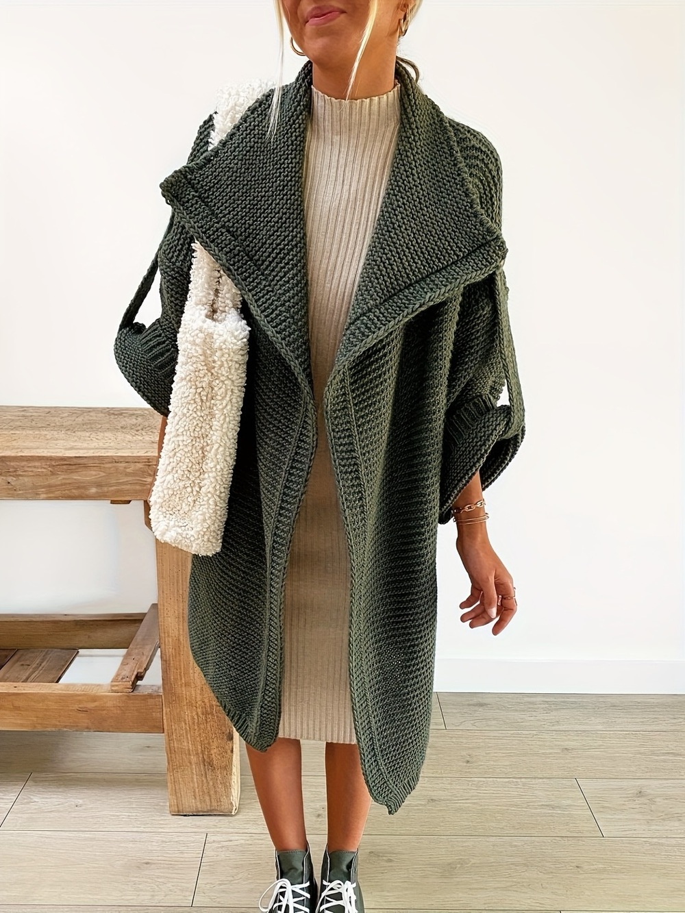 Italian Wool Knit Green Open-Front Cardigan Sweater